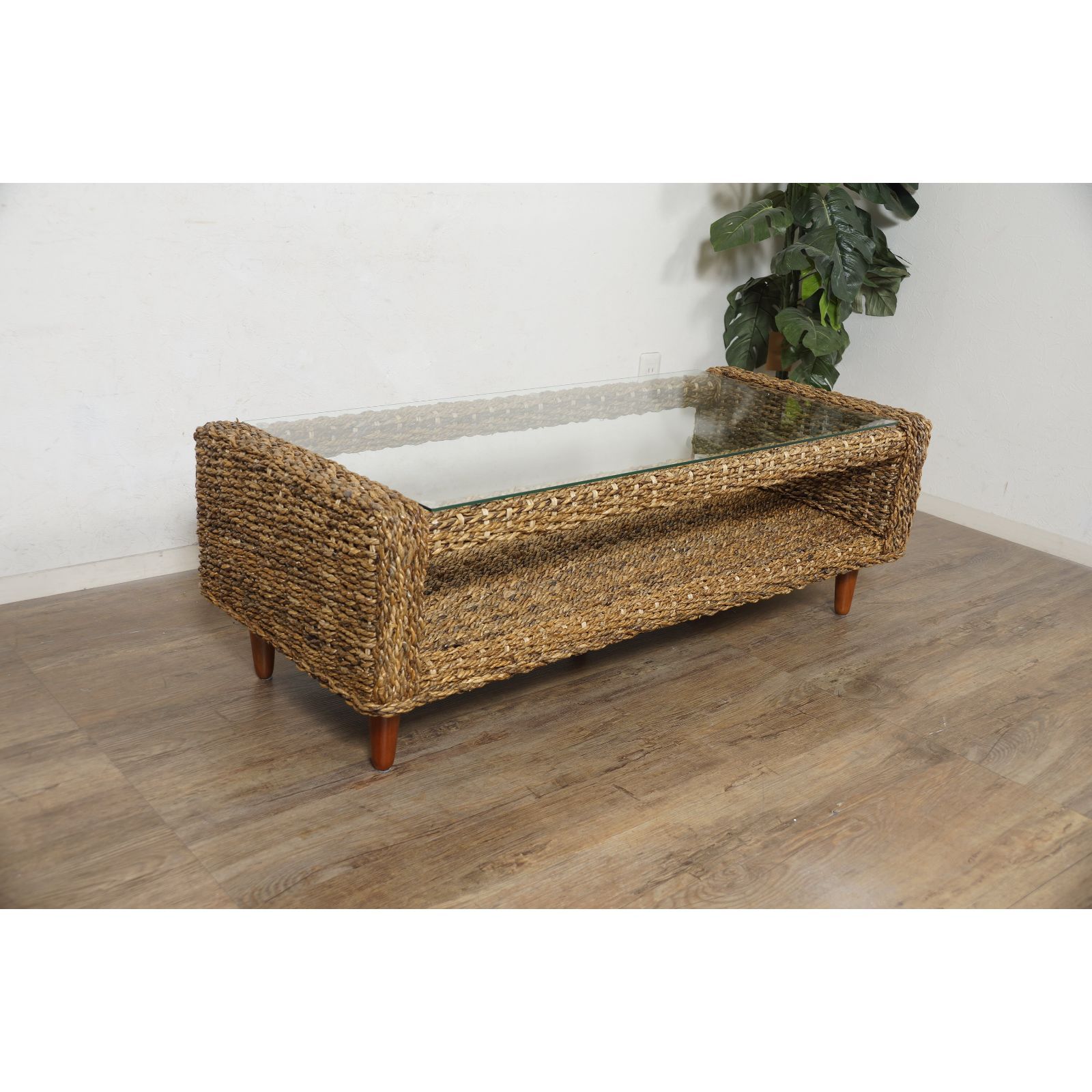 K アバカ ガラス天板 幅120cm ローテーブル アジアンリゾート風 センターテーブル アバカ編み 強化ガラス天板 ロータイプ アジアン家具 コーヒーテーブル オープン棚付き