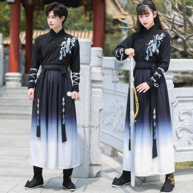 男女通用グラデーション漢服コスプレ服カップルペア舞台ステージダンス衣装パーティー唐装2点セットアップ演出服メンズ男女兼用レディース