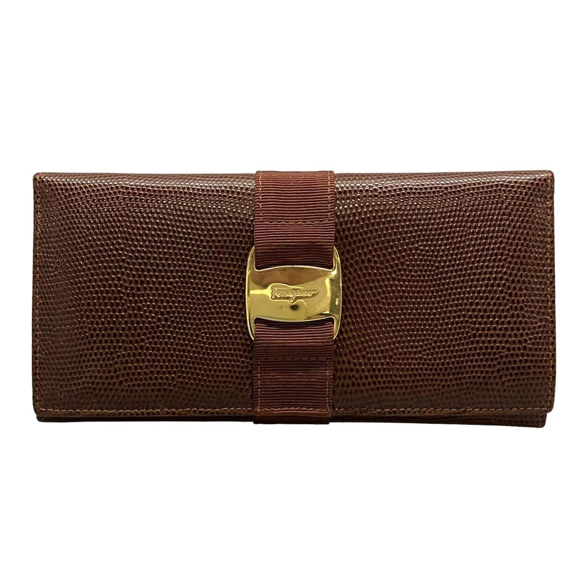 FERRAGAMO SalvatoreFerragamo サルバトーレフェラガモ 長財布 ヴァラ ダークブラウン×ゴールド 型押し加工 レザー