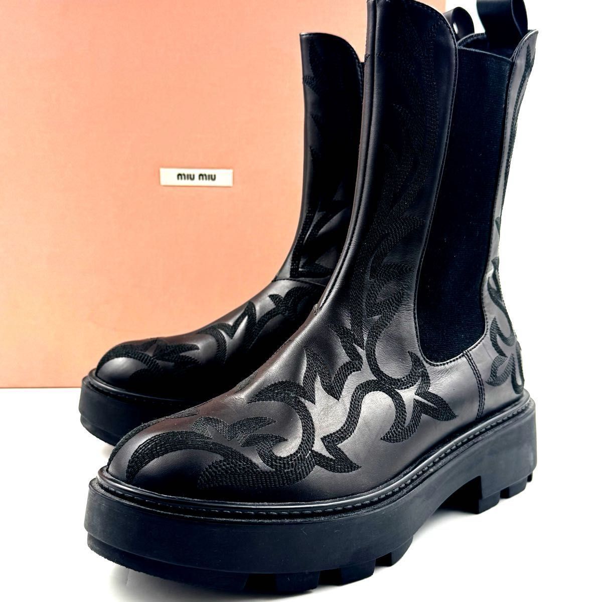 週末 実施中 ♥ miumiu ミュウミュウ エンブロイダリー チェルシーブーツ サイドゴアブーツ ステッチ 刺繍 箱 5U631D 3QP F0002 NERO 黒 37 23.5cm き