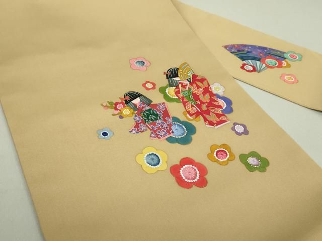 平和屋着物○塩瀬 九寸名古屋帯 手描き 童女 舞扇梅文 金彩 正絹 逸品
