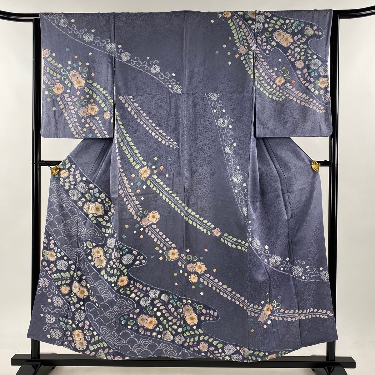 訪問着 身丈153.5cm 裄丈63cm S 袷 辻が花柄 青海波 絞り 灰紫 正絹 名品