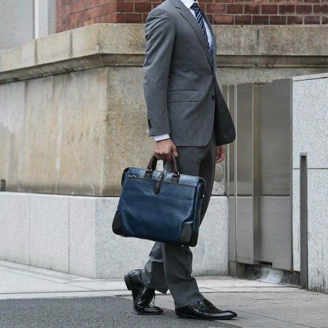 豊岡鞄 ビジネスバッグ 帆布PU×レザー ソフトブリーフケース ブルー