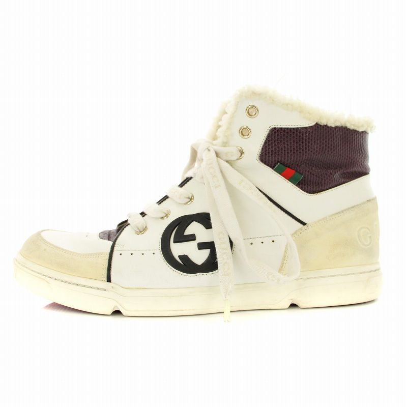 グッチ GUCCI インターロッキングG ボア ハイカット スニーカー 162680 レザー スエード GGロゴ 7.5G 白 ホワイト |KU