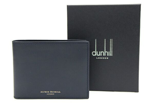 ダンヒル 二つ折り財布 18F2320 ダークネイビー レザー 中古 コンパクトウォレット 財布 黒 ロゴ メンズ 男性 ダンヒル 二つ折り 財布 ネイビー 18F2320DK059R 美品 レザー 中古