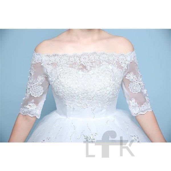 ウエディングドレス安いaライン白袖あり編み上げレース花嫁結婚式ハイウエストマタニティ用パーティードレス二次会ロング丈イブニングドレ