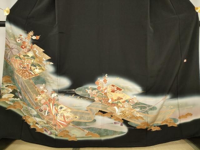 美品❇️豪華金彩駒刺繍　暈し染め 正絹黒留め袖　比翼仕立て 　フルセットA827 平和屋着物□豪華黒留袖 駒刺繍 風景文 金彩 正絹 逸品 AAAX0846nf