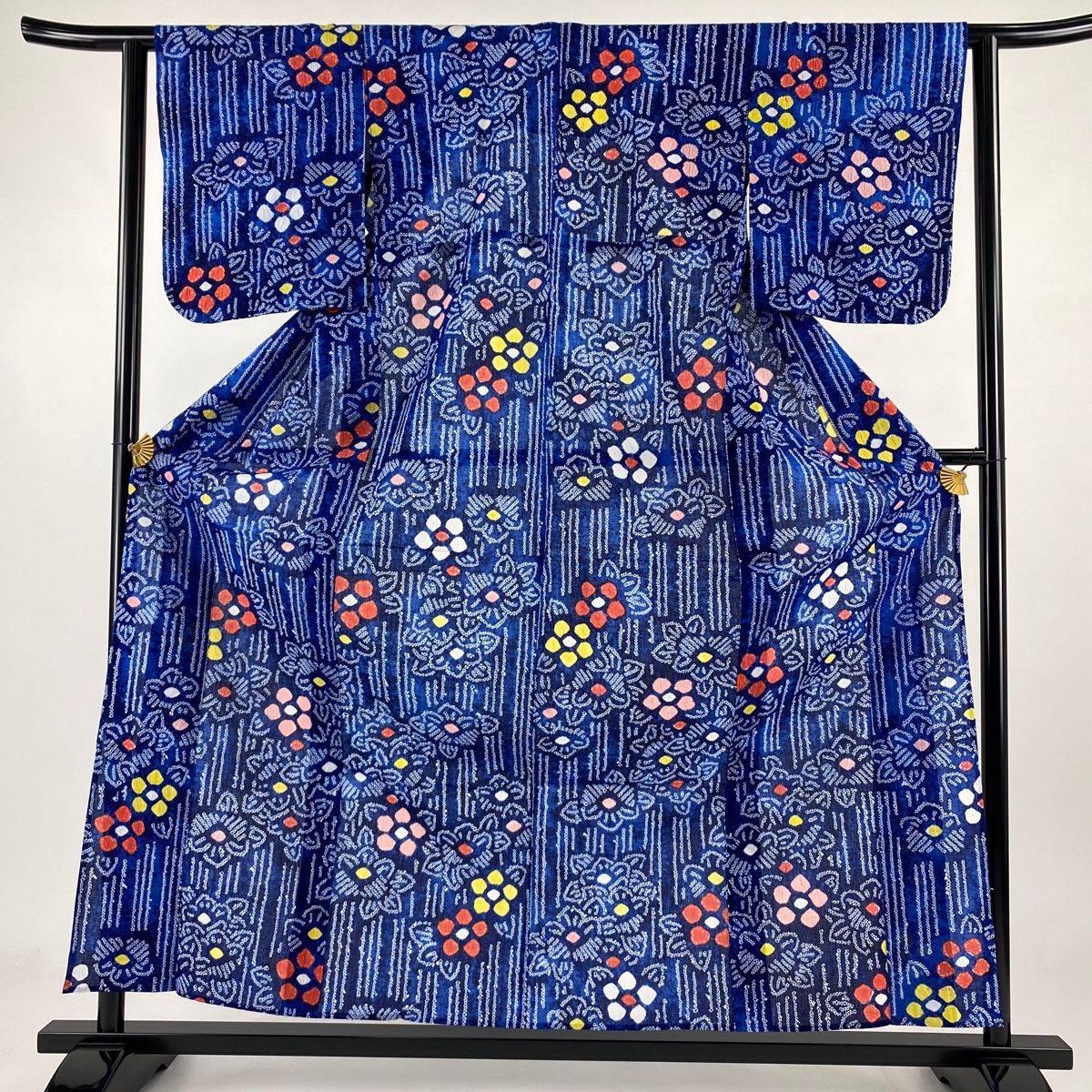 浴衣 身丈160cm 裄丈62cm S 絞り浴衣 草花 縞 紺色 綿 名品