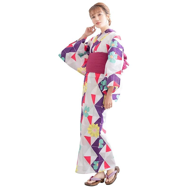 KYOETSU キョウエツ 浴衣セット 変わり織 6点セット 浴衣 兵児帯 肌着 下駄 腰紐×2 レトロ C レディース 1.アネモネモダン 0