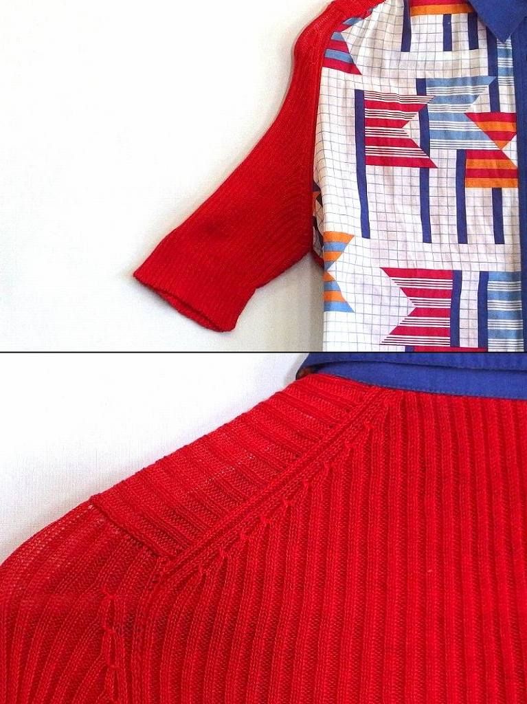 HERMES エルメス  ヴィンテージ　ブロック・グリッドデザイン　コットン×ニット異素材　五分袖シャツ  ・40 218153】HERMES エルメス ヴィンテージ ブロック・グリッド