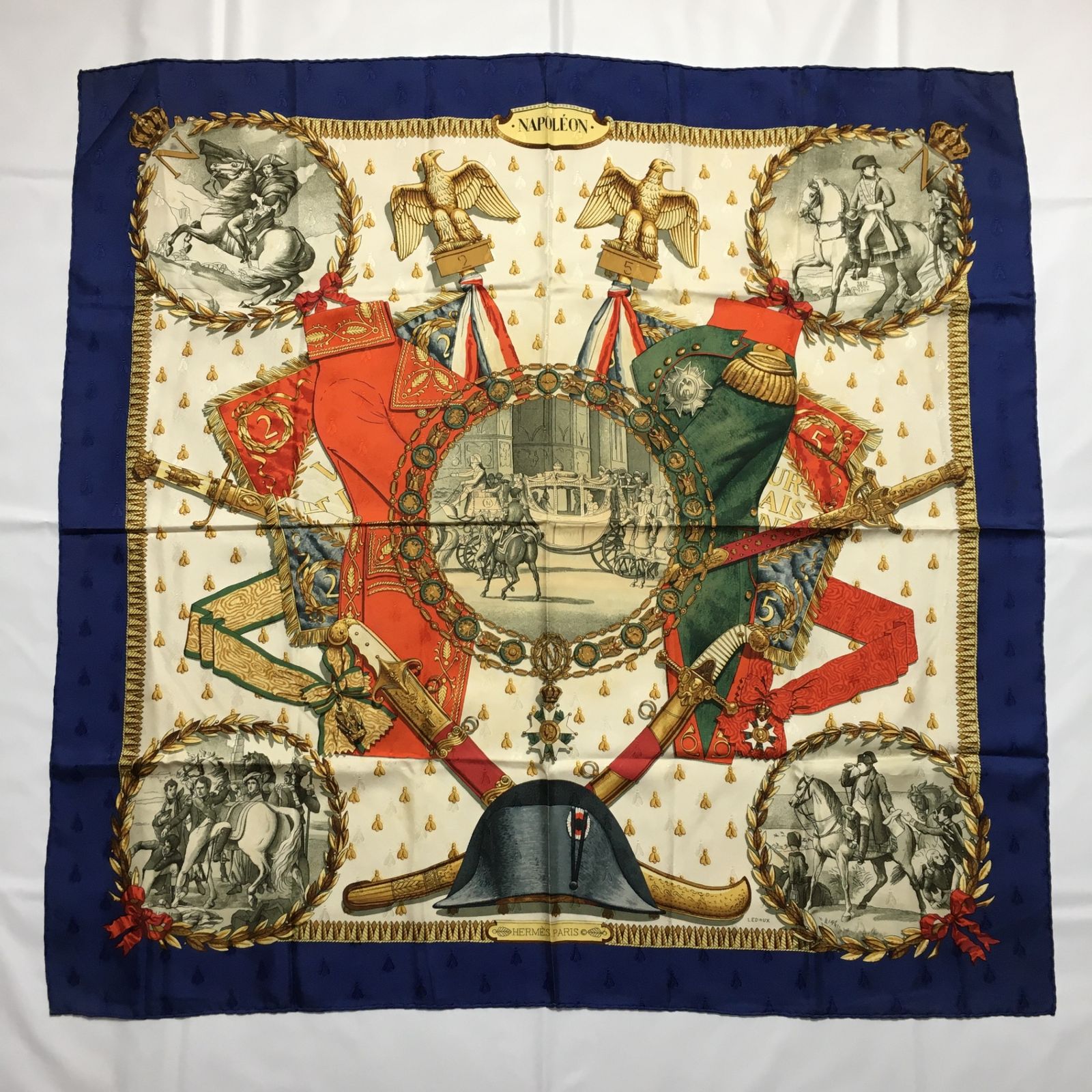 2504-86｜美品｜エルメス カレ 90 スカーフ ネイビーブルー エルメススカーフ Hermes カレ90 Cliquetis シルクスカーフ