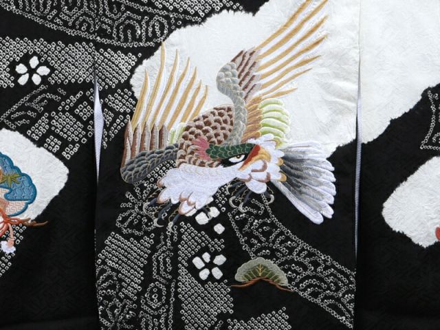訳あり お宮参り 着物 絞り 刺繍入り 長襦袢 セット 男児 男の子 子供 産着 祝着 黒地 鷹 ud-205