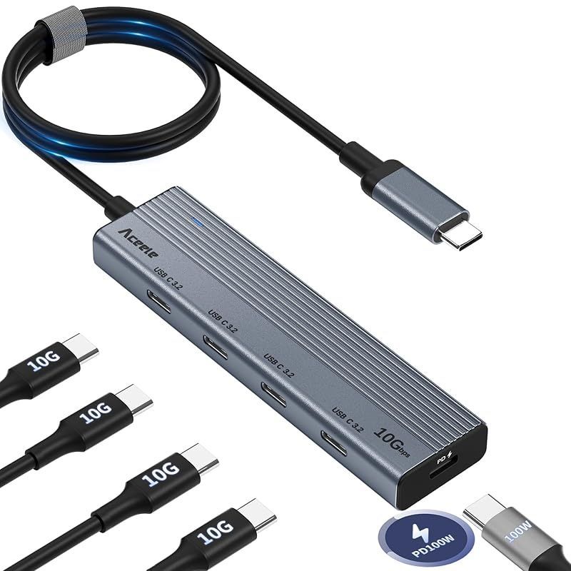 【在庫セール】Aceele 10Gbps USB C ハブ 100W 電力供給付き 5ポート USB ハブ3.2 データポート超高速伝送4xUSB-Ｃポート60cm ケーブル付き ラップトップ用 、MacBook Pro/Air M2 M1、iPad、De 0