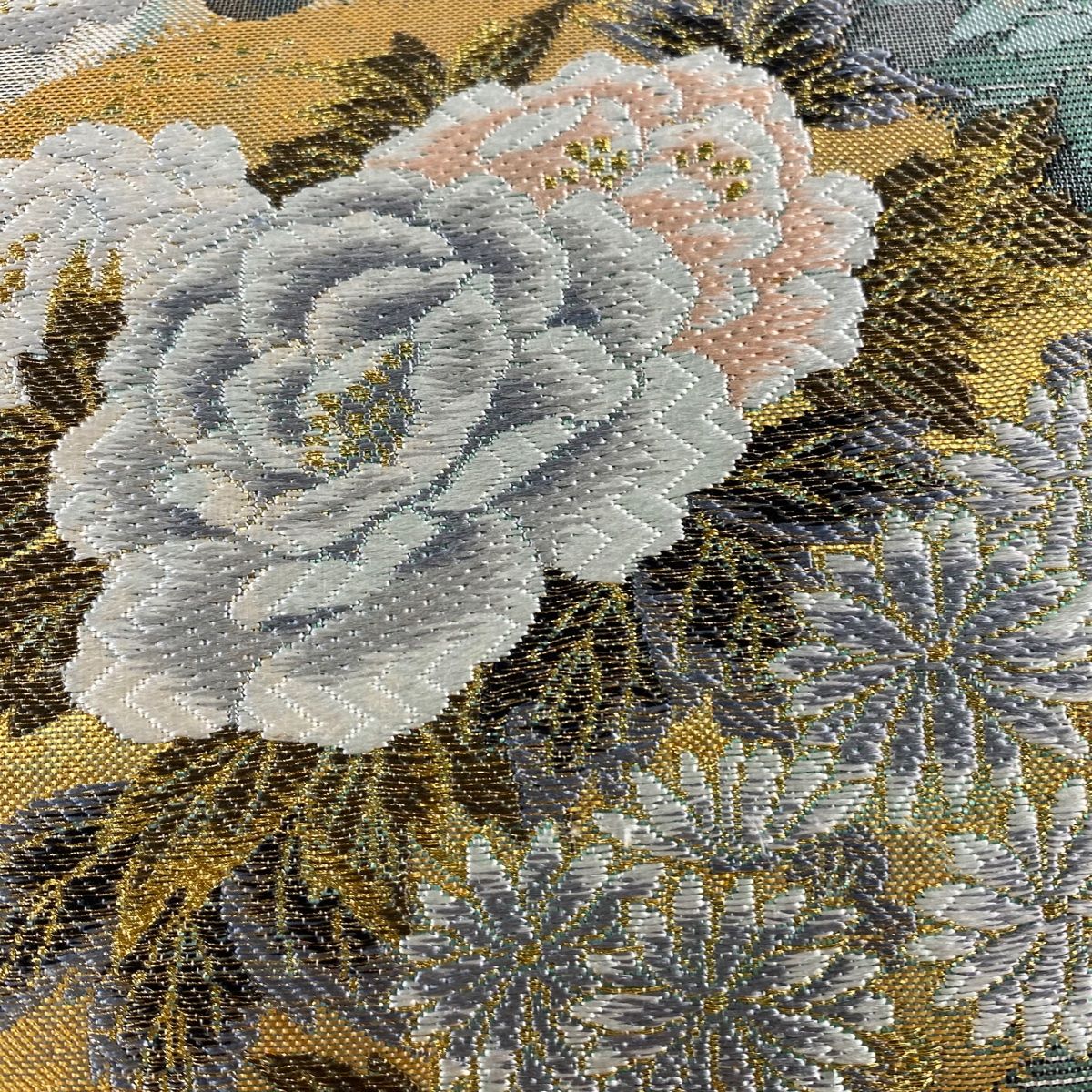 袋帯 美品 秀品 麗花丸格子紋 金銀糸 箔 銀色 六通 正絹 【中古