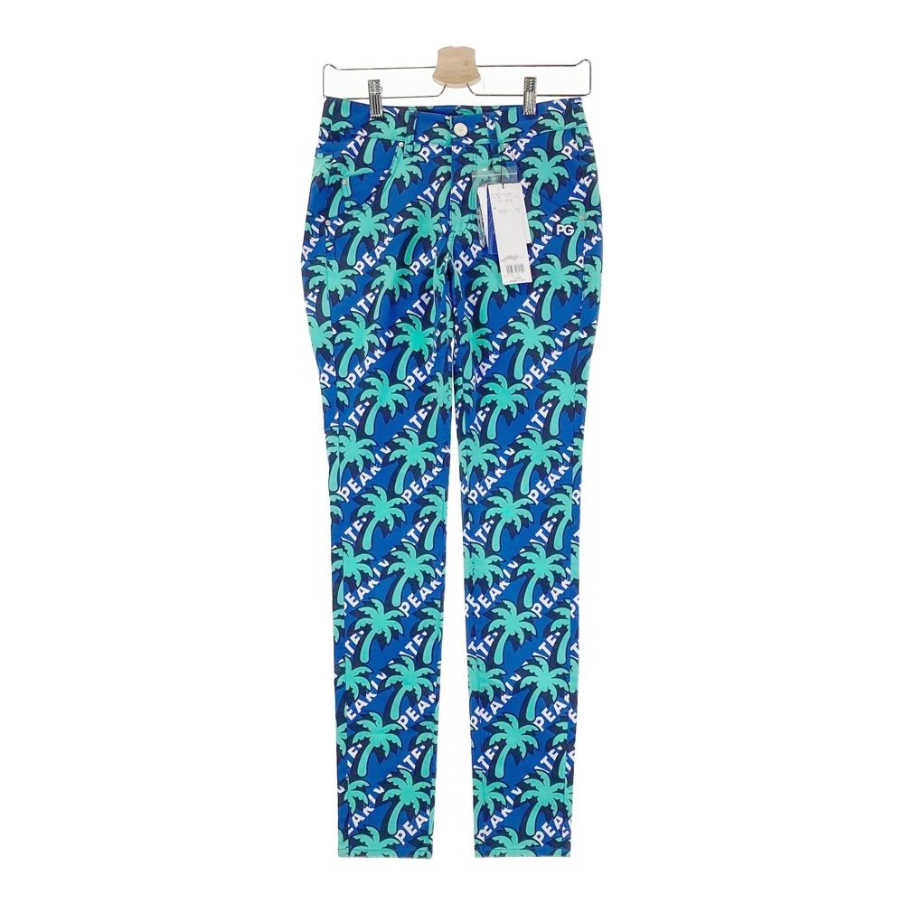 サイズ 0 PEARLY GATES パーリーゲイツ 055-1231606 ストレッチパンツ ロゴ ヤシの木柄 ブルー系 240101543701 ゴルフウェア レディース ストスト
