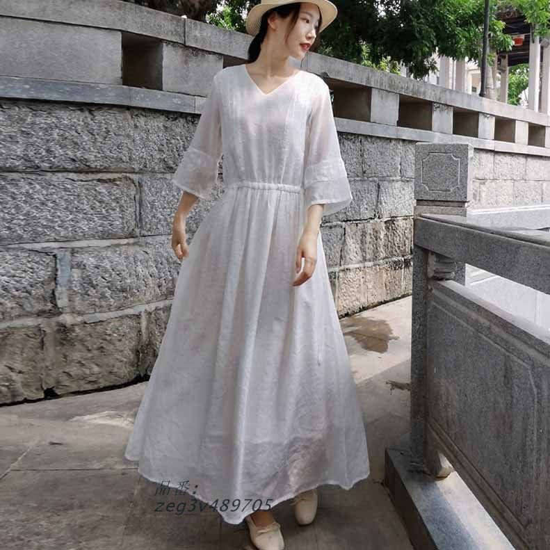 無地ホワイトブラックワンピース 春夏 きれいめ ロングVネック