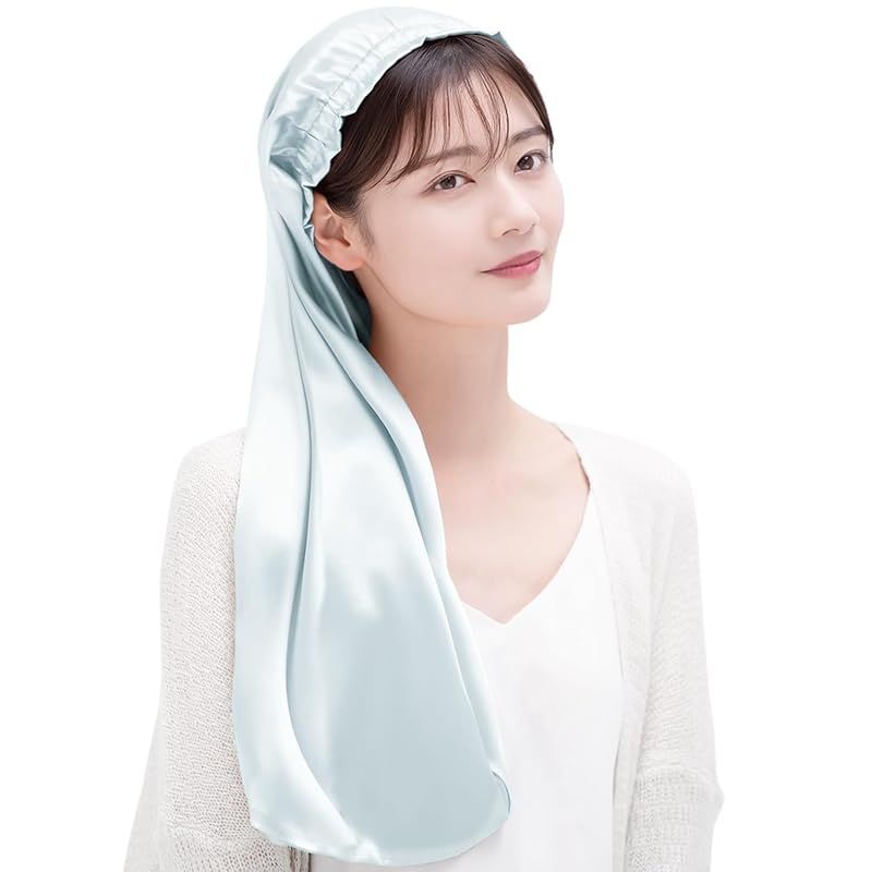 COCOSILK シルク ナイトキャップ ロングヘア用 シルクキャップ 筒型 ナイトキャップ ロング 髪 シルク 筒 ロングヘア 筒状 ヘアキャップ 75cm Free Size ライトブルー