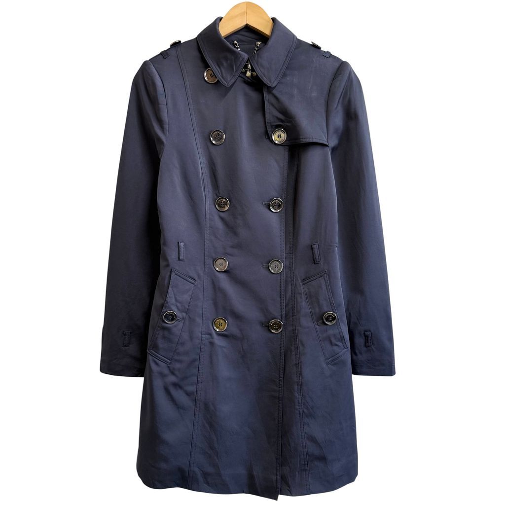 レディース BURBERRY LONDON バーバリーロンドン ダブルブレスト トレンチコート ベルト無し 裏地チェック柄 ポケット付き 紺 ネイビー Sサイズ No.H401