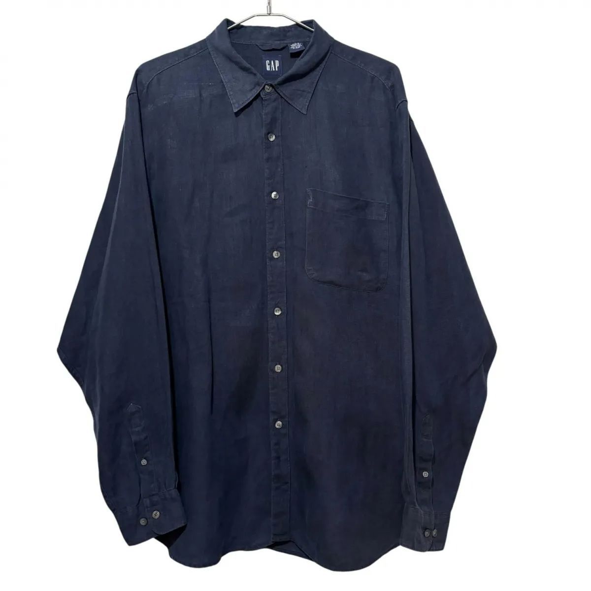 00s インド製 OLD GAP L|S LINEN Shirt L ネイビー 紺 オールドギャップ リネンシャツ マチ付き 長袖 古着