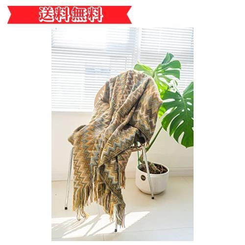 happy-shops黄色 ブランケット 毛布 おしゃれ ひざ掛け 掛け毛布 大判 北欧 ニット ボヘミアン柄 肩掛け 着る毛布 プレゼント 秋冬用 洗える 防寒 エアコン対策 通年使用 フリンジ付き (黄色)