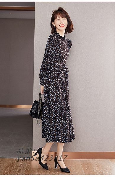 プリントワンピース ウエストリボン スタンド長袖 ひざ下丈 大きいサイズあり Sから2L ほっそり効果大通勤通学20代30代40代50代60代 yan5a423317