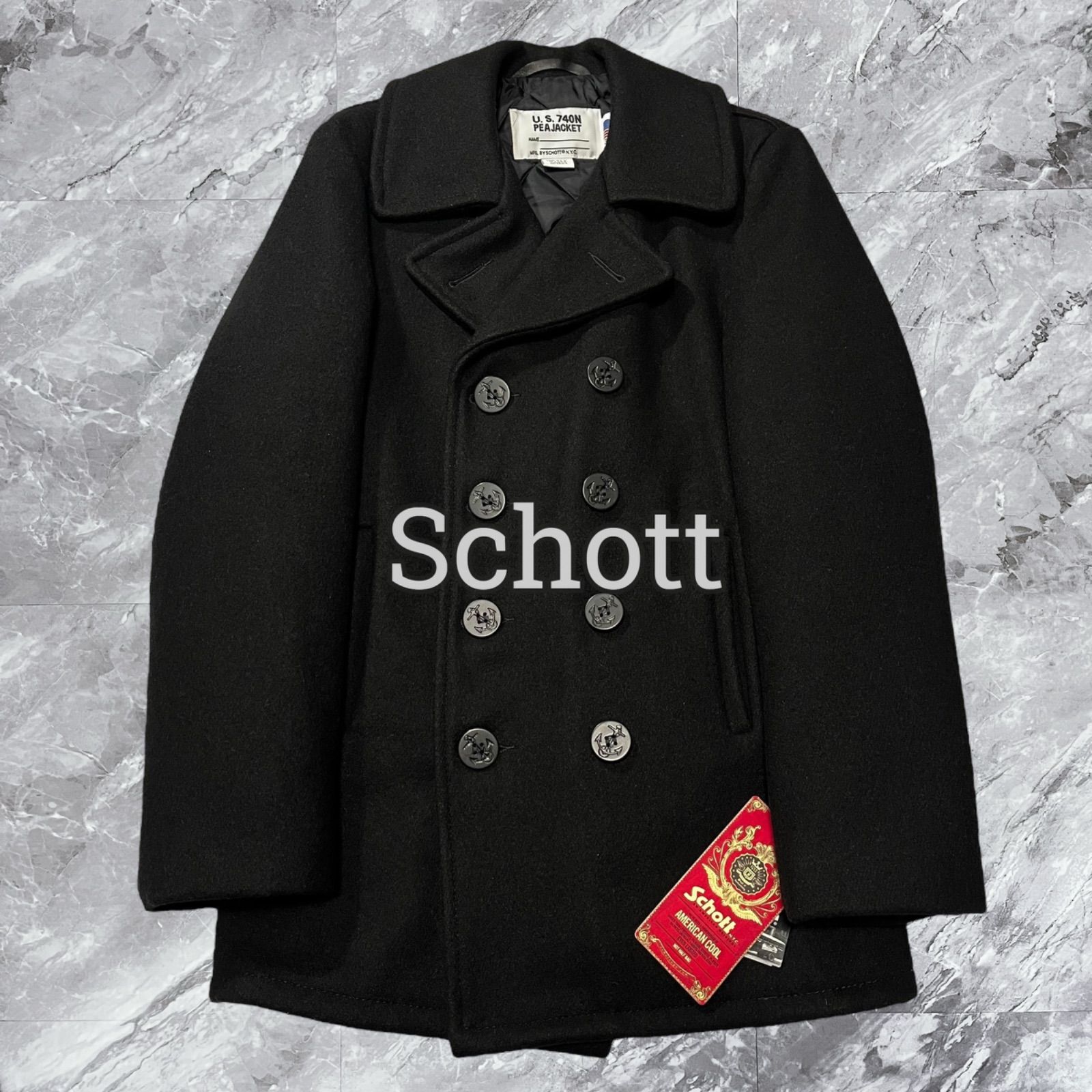 ♥タグ付き Schott ショット ピーコート Pコート ウール ナイロン ダブルブレスト マリンボタン イカリボタン キルティング 裏地 ブラック 黒色 サイズ34 S相当