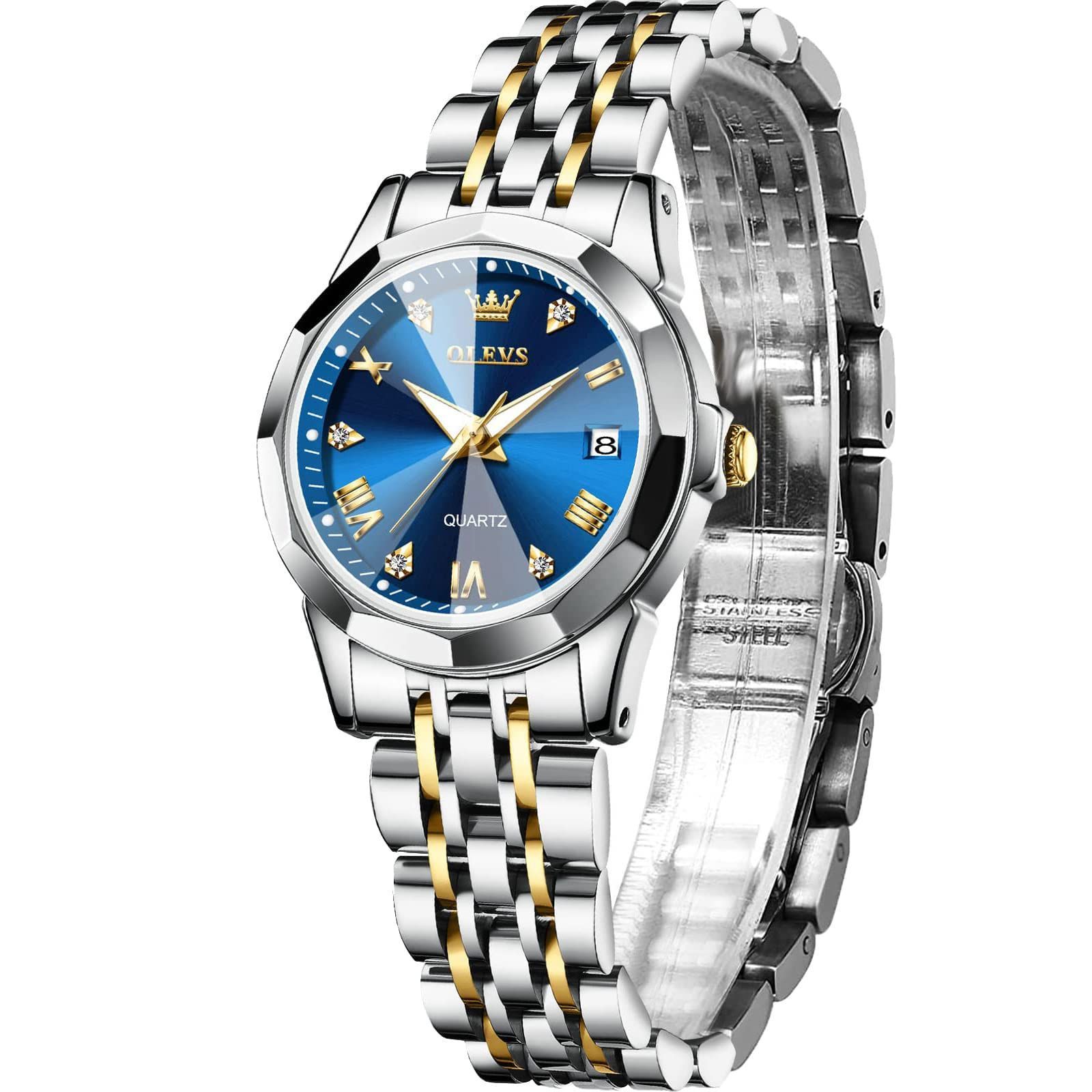 OLEVS 人気腕時計 レディース 防水 ステンレスバンド 女性用とけい腕時計 かわいい 日付 うで時計 レディース ダイヤモンド アナログクオーツ腕時計 プレゼント Watch for WOMEN おしゃれ女性腕時計 ブルー 文字盤