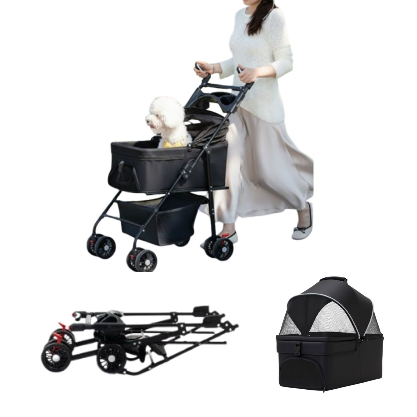 GPリテール 分離 ペットカート エアバギー 犬 猫 多機能 4輪 分離式キャリーカート 折りたたみ式 コンパクト収納 前輪360°回転 ドッグバギー ブラック