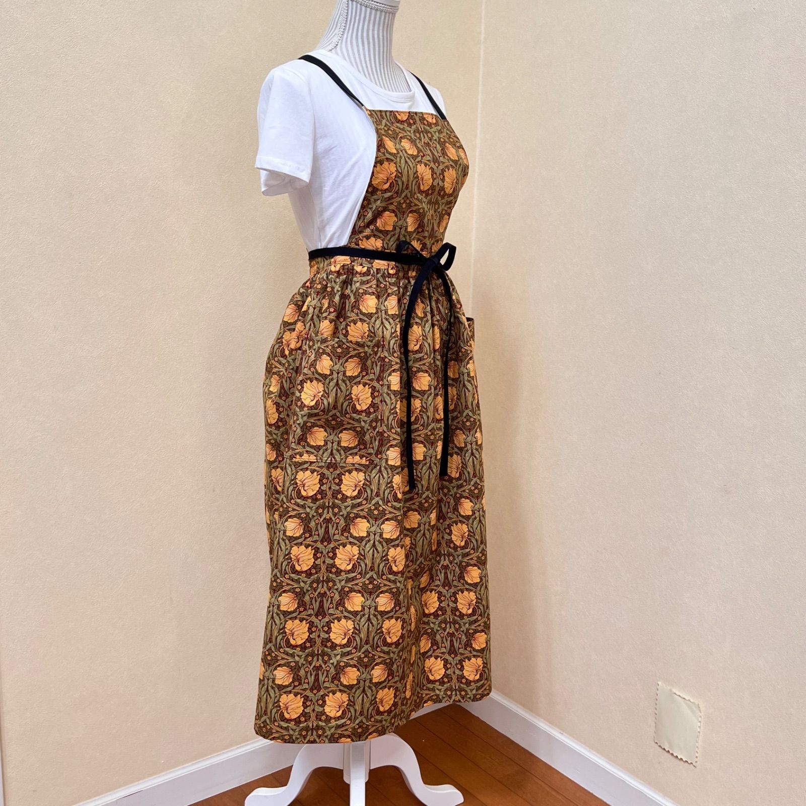 ウィリアムモリス 2wayギャザーエプロン ピンパネル ハンドメイド