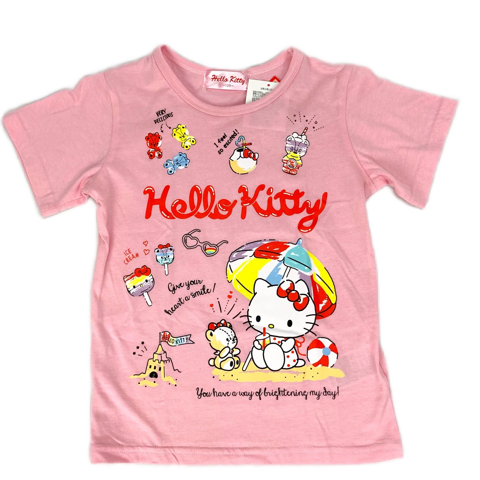 ＊新品＊公式　サンリオ　Sanrio　ハローキティ　helloKitty　120 サイズ　半袖　Tシャツ　重ね着にも　かわいい　ピンク　ライセンス　ビーチパラソル　ニシオ フォロー割　C607