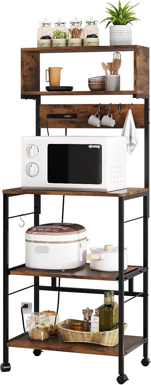 LYNCOHOME レンジラック 計4口 コンセント付き USBポート付き レンジ台 レンジボード 幅60 食器棚 キッチンラック キッチン収納 大型レンジ対応 キャスター付き（ブラウン ビンテージ ヴィンテ