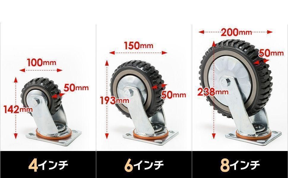 産業用キャスター 8インチ 4個 ブレーキ有×2個 ブレーキ無×2個 1785 国際CE認証品】8インチ 直径Φ200mm 産業用キャスター 4個セット
