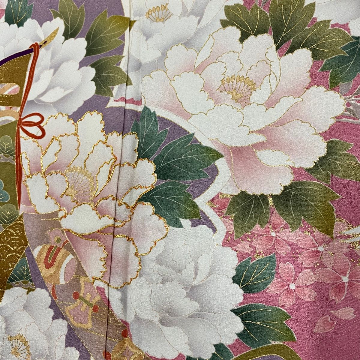 振袖 身丈158.5cm 裄丈62.5cm S 袷 やまと 扇面 蝶 金糸 金彩 朱色