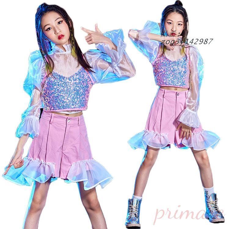キッズ ダンス衣装 セットアップ へそ出し 虹色 スカート ステージ衣装 キラキラ 女の子 チアガール スパンシャツ 衣装 長袖 ヒップホップ ガール K-POP zog3y142987