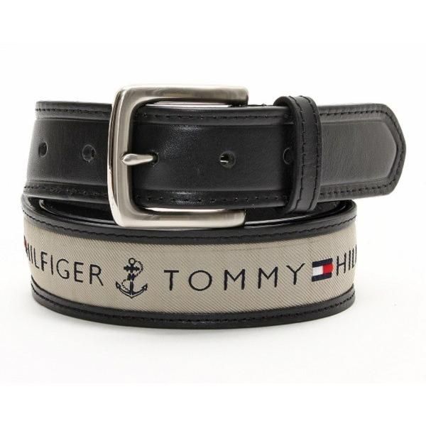 メンズベルト 人気ブランド トミーヒルフィガー TOMMY HILFIGER ブラック×カーキ 本革 ロゴ カジュアルベルト 38mm USA直輸入モデル メンズギフト 送料無料
