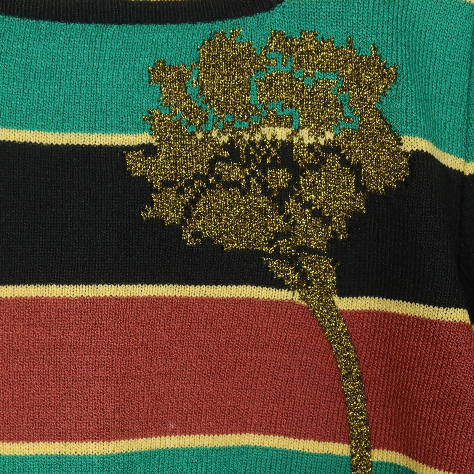 サイトウ トヨコ★半袖ニット 黒×緑×茶系 ボーダー柄♪ゴージャスなラメ刺繍♪薄手 z15704 サイトウ トヨコ☆半袖ニット 黒×緑×茶系 ボーダー柄♪ゴージャスな