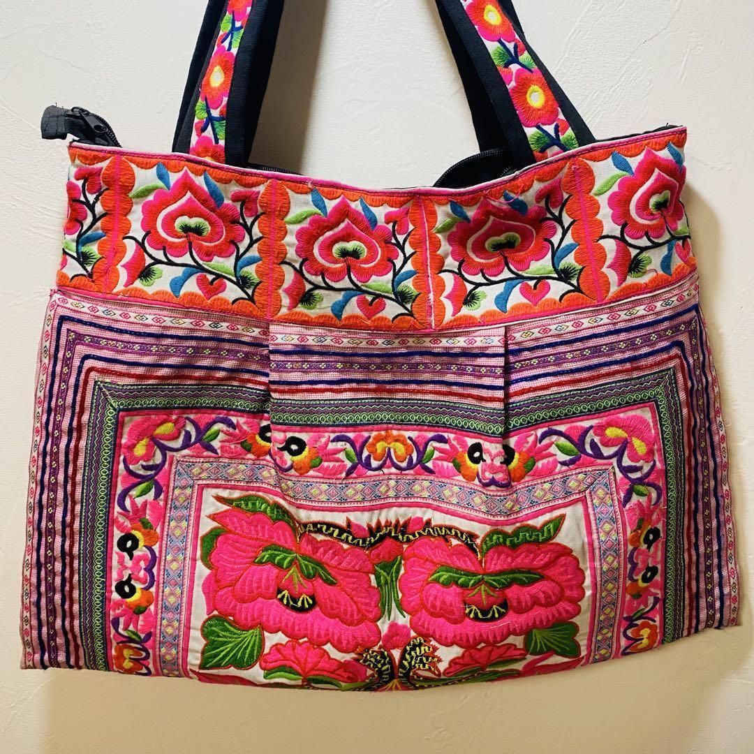 新品☆カラフル花柄刺繍トートバッグ ビッグサイズ ハンドメイド タイ 
