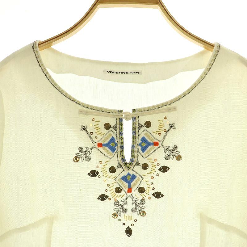 Vivienne tam 紫の刺繍入り五分袖トップス vivienne tam ヴィヴィアンタム 刺繍 Tシャツ カットソー