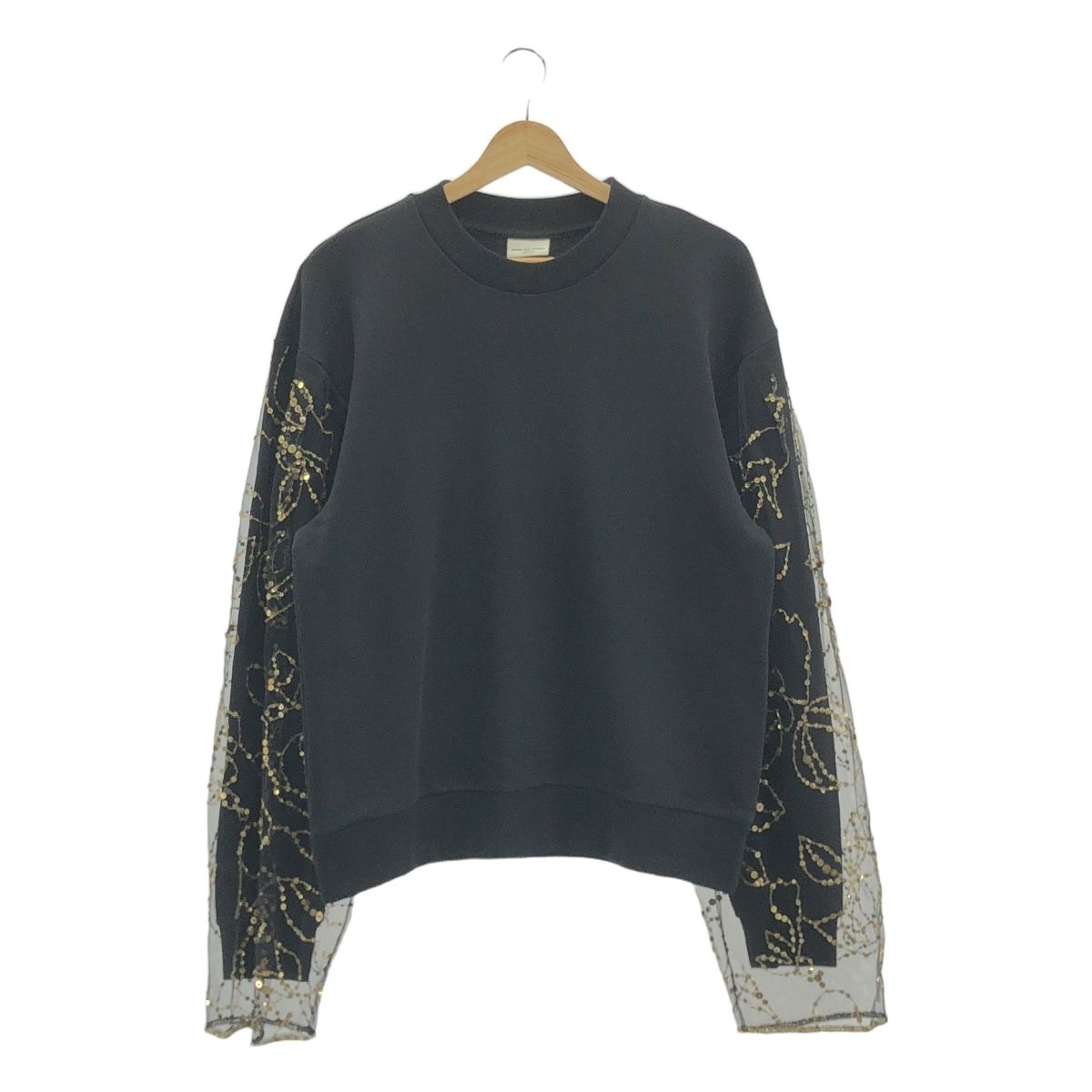 DRIES VAN NOTEN | ドリスヴァンノッテン | スパンコール チュールスリーブ スウェット | M | ブラック | ゴールド | レディース