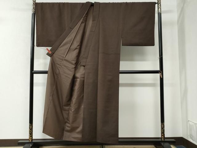 平和屋着物●男性 紬 アンサンブル 色無地 黒茶色 キングサイズ 正絹 CAAW8477yc