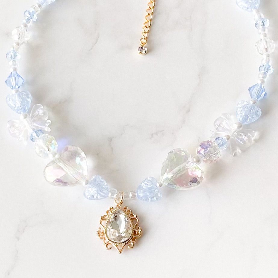 little princess＊glass heart - blue キッズイヤリング + キッズ ネックレス セット ＊ キッズアクセサリー プレゼント 女の子 可愛い シンデレラ ピアノ 発表会 noakoma