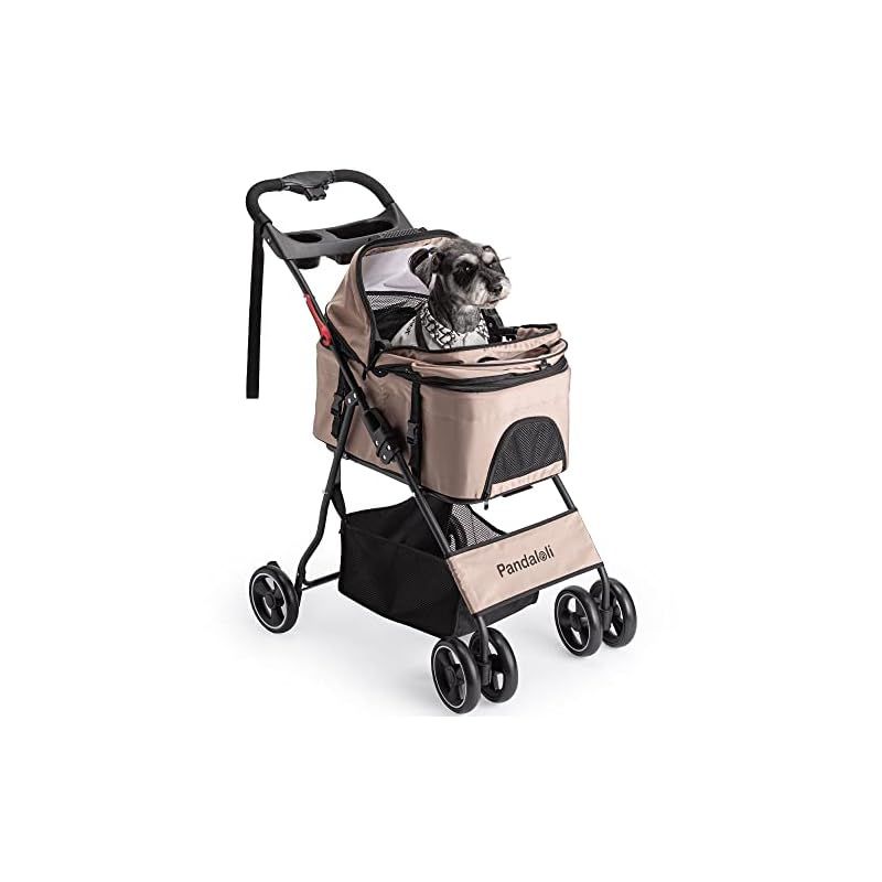 Pandaloli ペットカート ベビーカー 犬 バギー 小型犬 中型犬 猫 多頭 カート 4輪 軽量コンパクト 飛び出し防止リード2本付き 前輪360°回転 後輪ブレーキ付き 折りたたみ 組み立て簡単 耐荷重20Kg ベージュ色 1