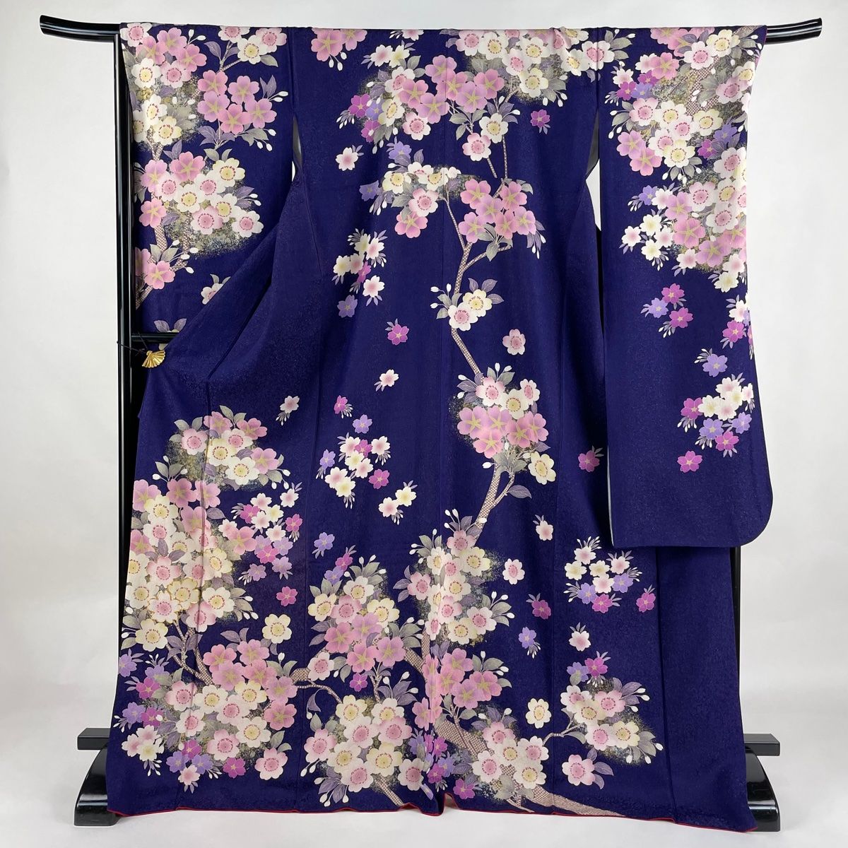 振袖 身丈173cm 裄丈69cm L 袷 桜 銀通し 金銀彩 青紫 正絹 逸品  