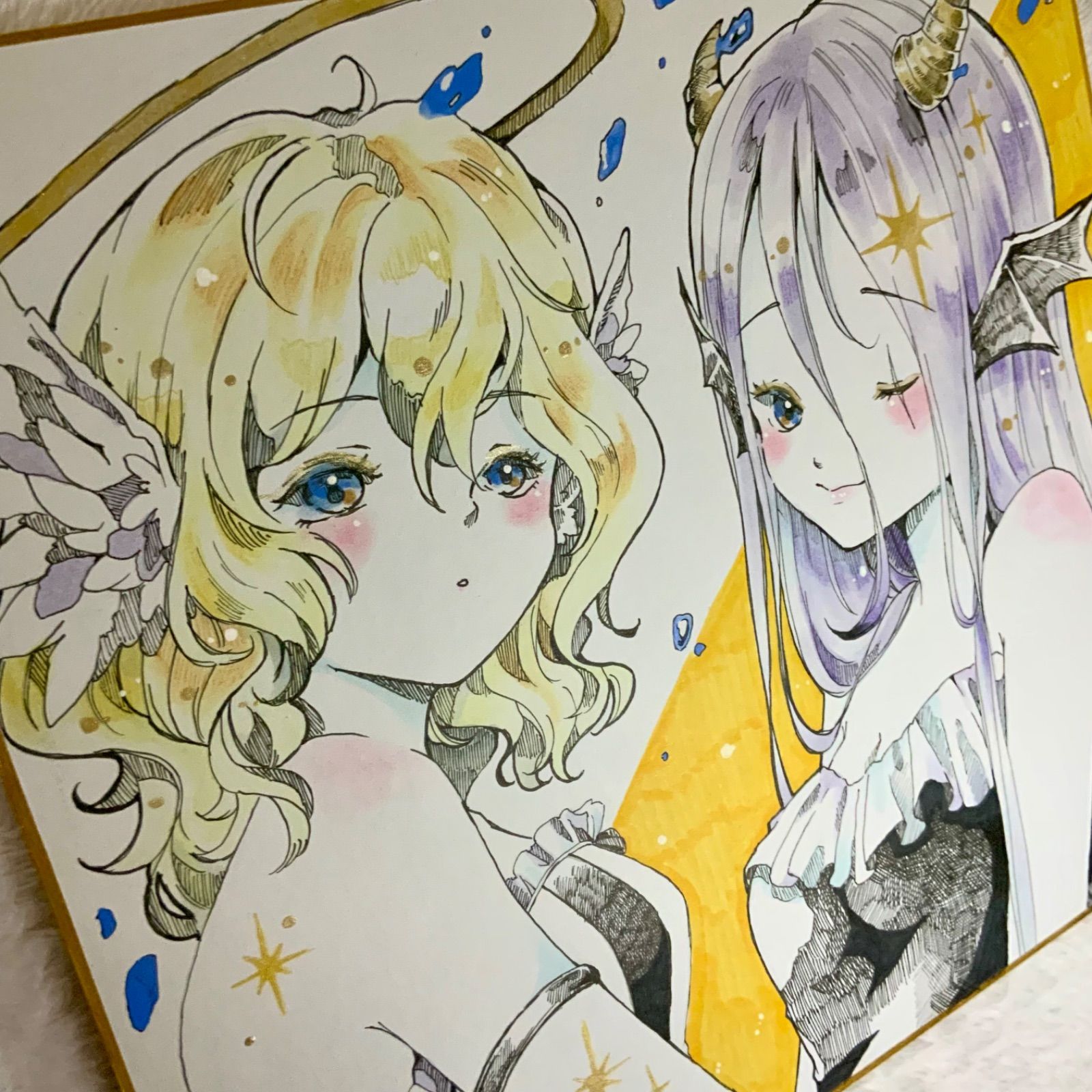 オリジナルイラスト 天使と悪魔ちゃん 色紙大 手描き 原画 女の子