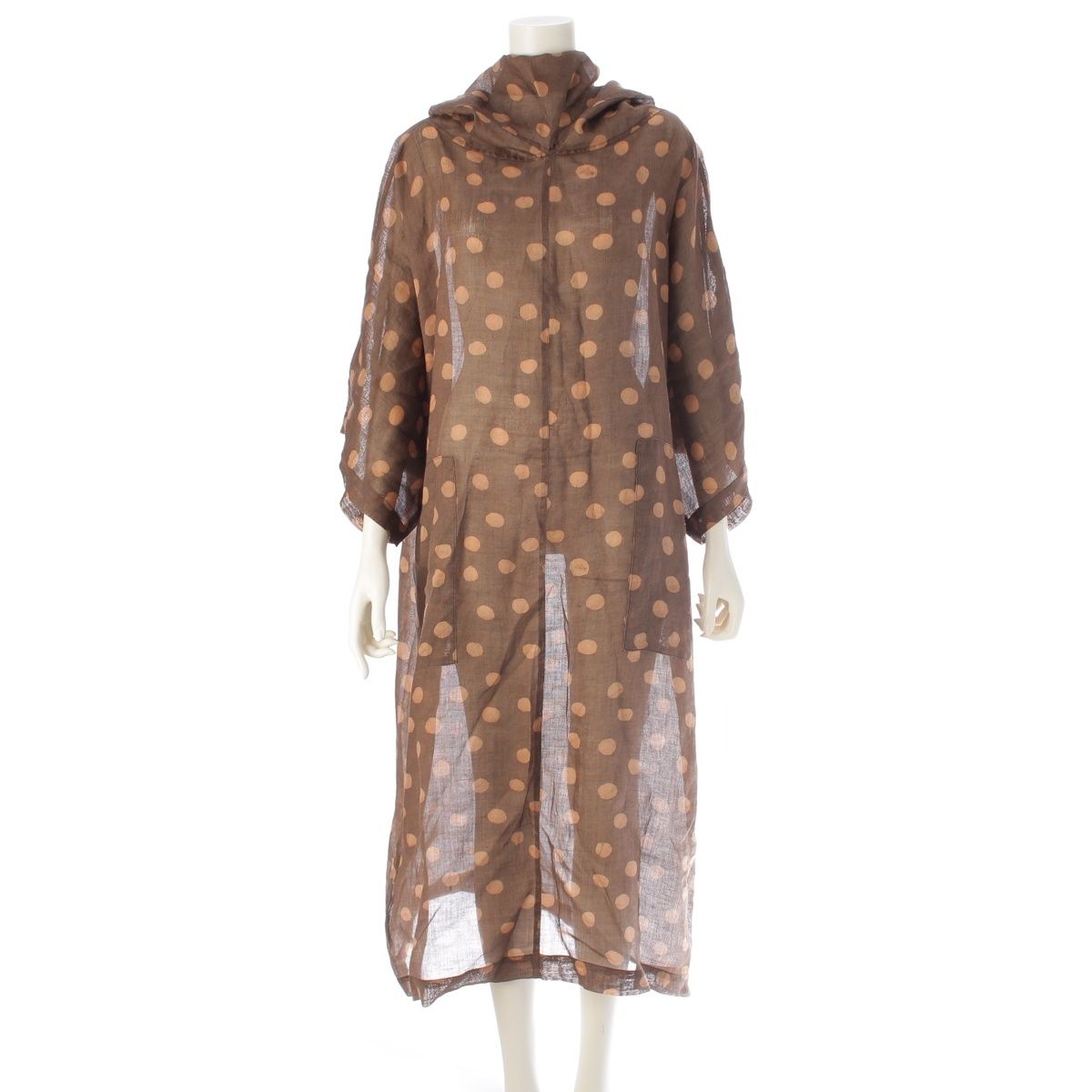イッセイミヤケ ペルマネンテ リネン 染め ドット柄 ロング ワンピース ドレス ブラウン M