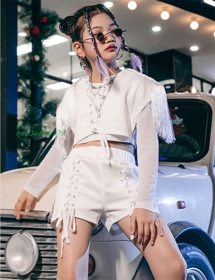 キッズダンス衣装 女の子 セットアップ 白 JAZZ ジャッズダンス ダンス衣装 ガールズ おしゃれ へそ出し ステージ フリンジ 演出服 ヒップホップ 衣装 nee3w804779