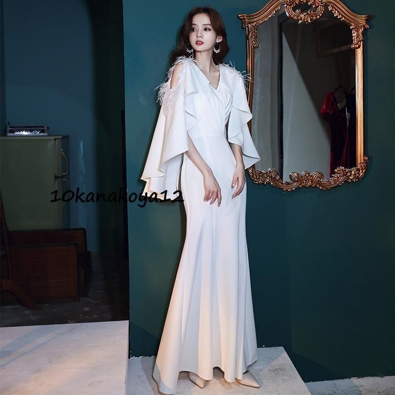 白 長袖レース 韓国風 ウェディングドレス 前撮り 二次会 秋冬向け