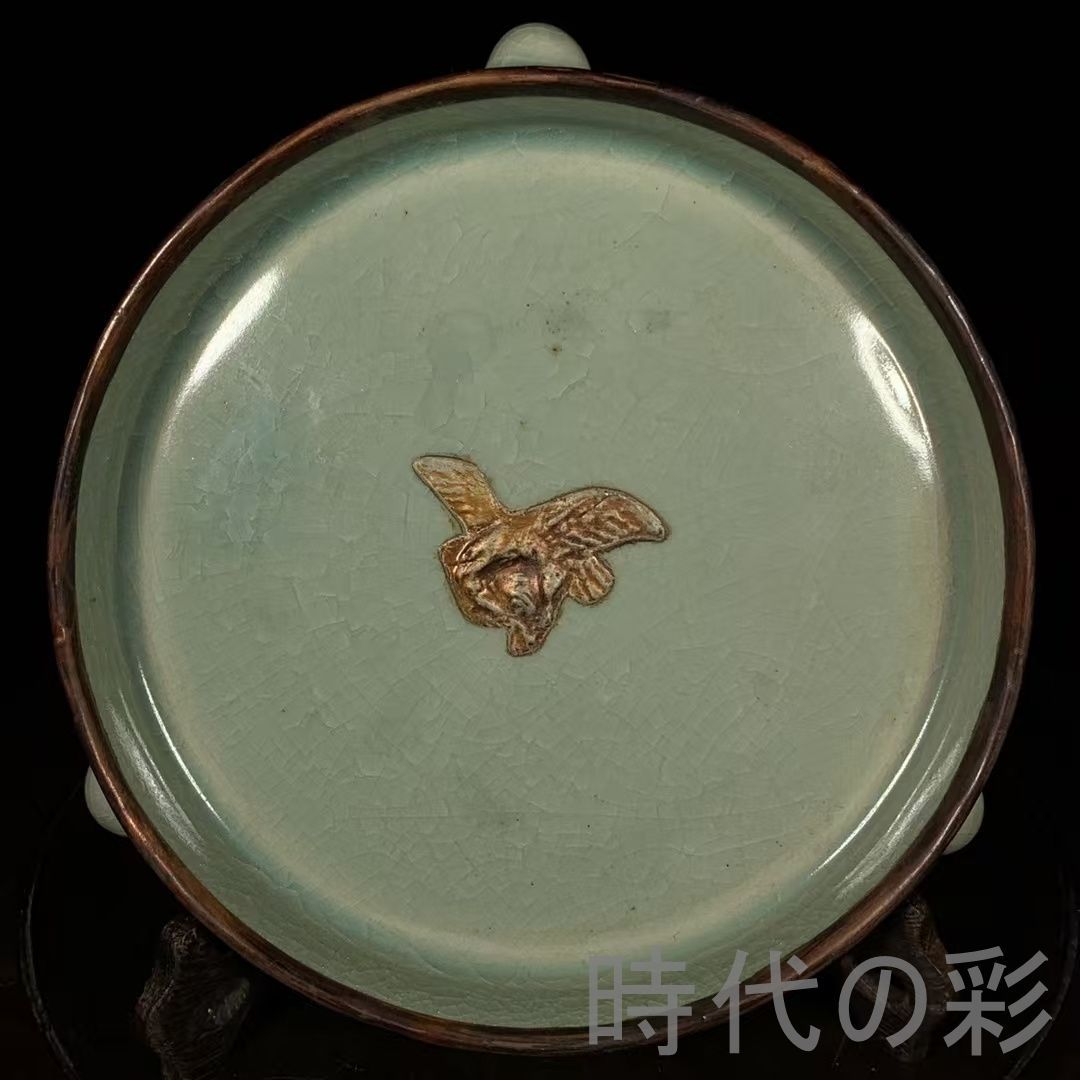 中国古美術 宋代 汝窯 嵌銀 包口 三足洗 筆洗 書道具 案頭 文房置物 青磁 古陶磁器 旧蔵 古賞物 古玩 時代物 R0710110111