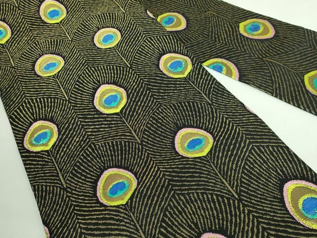 平和屋本店□極上 龍村美術織物 龍村製 九寸名古屋帯 孔雀連文 黒地 金