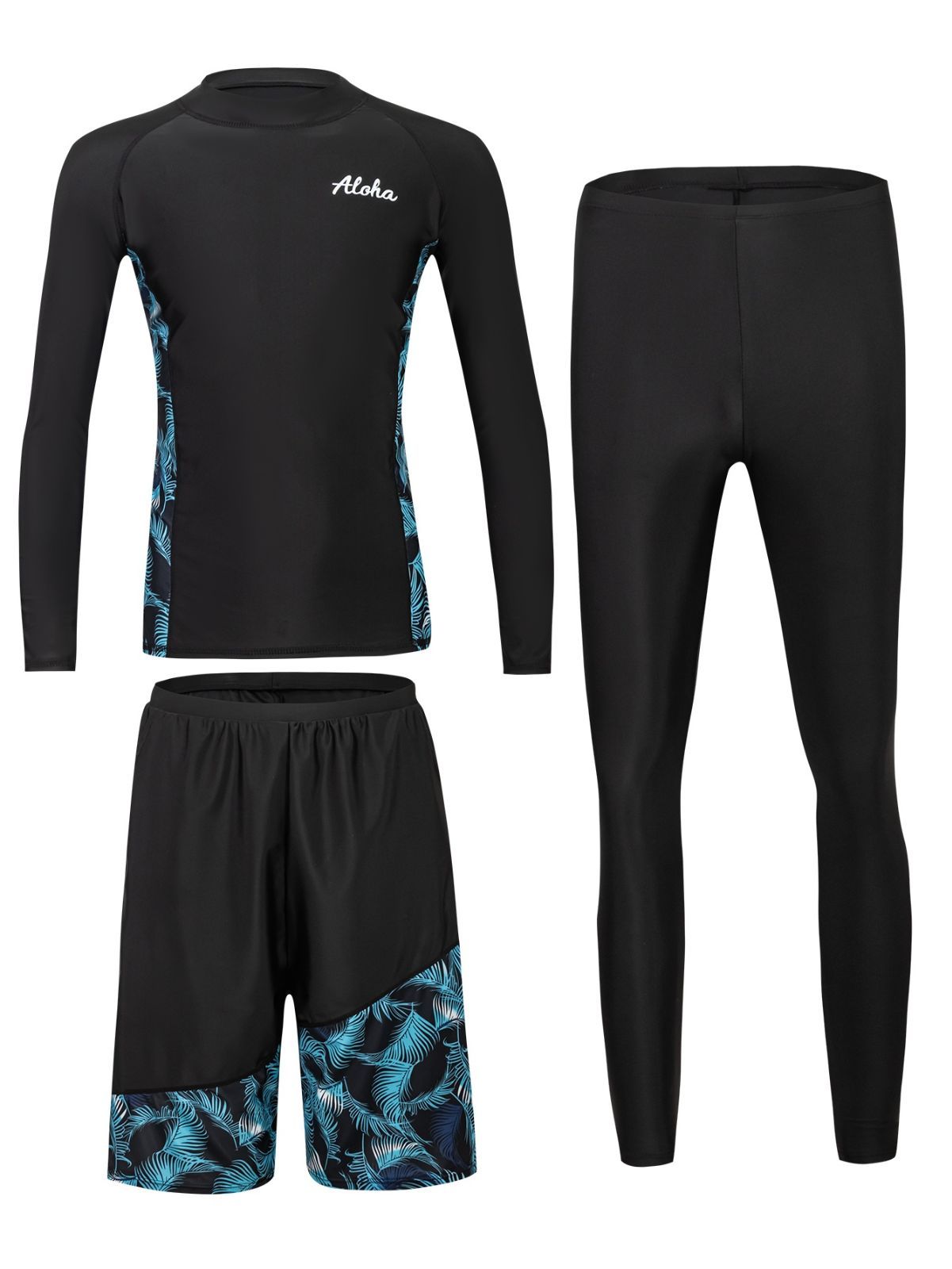 ラッシュガード メンズ トロピカルプリント 水着セット 長袖 ロングパンツ 日焼け防止 サーフィン 高弾性素材 クルーネック スリムフィット ビーチウェア トロピカルプリント水着 おしゃれ プール スイミング 海 水遊び ブラック×グリーン